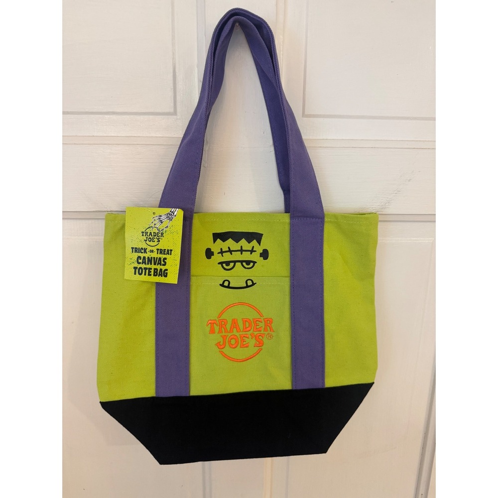 Trader Joe's Frankenstein Canvas Tote Bag OS Green Purple NEW Halloween Monster